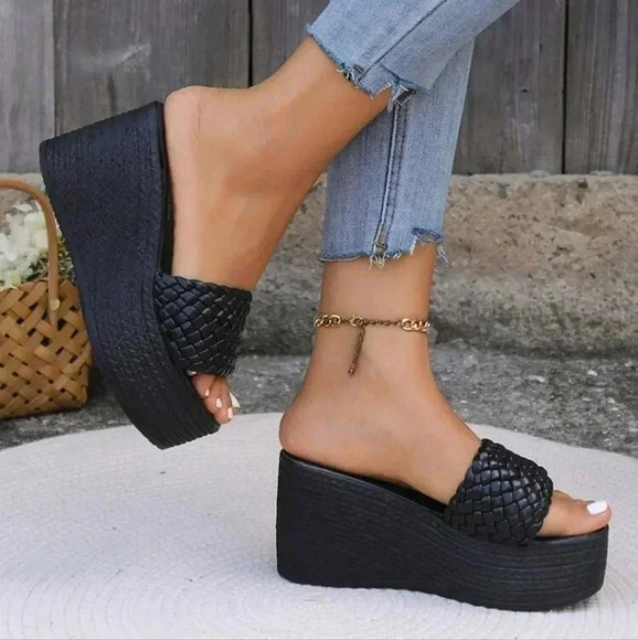 Women's Weave Striped Checkered Slip-On High-Heeled Sandals, Peep Toe Black - Picture 1 of 7